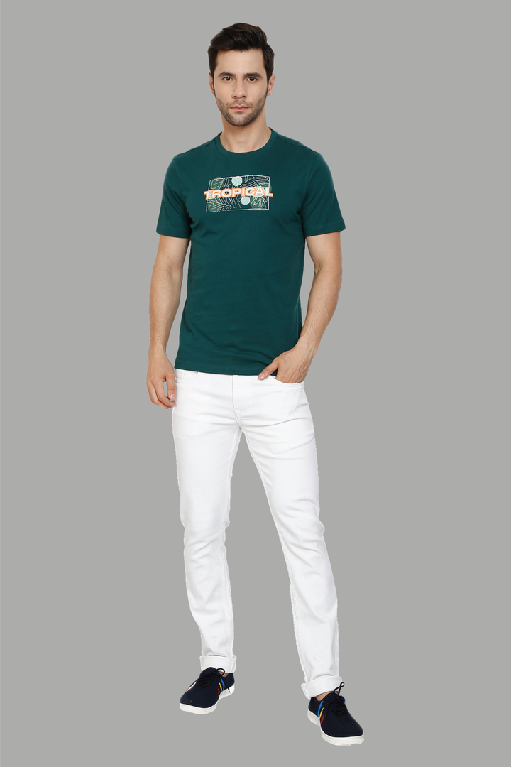 Regular Fit Green Cotton Tropical Printed Round Neck Men's T-Shirt - Peplos Jeans 