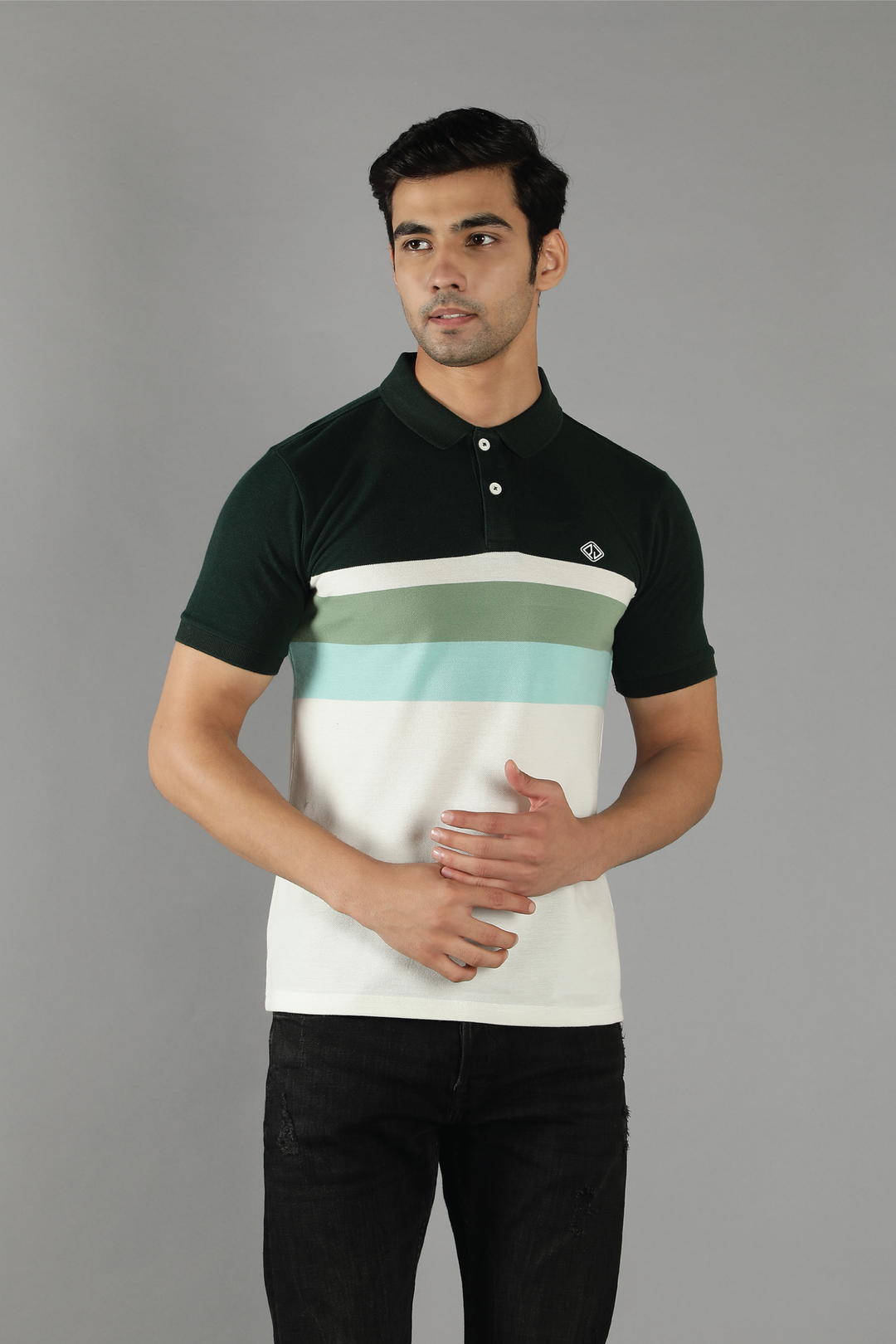 Men's Polo Neck Green Striped Cotton T-shirt - Peplos Jeans 