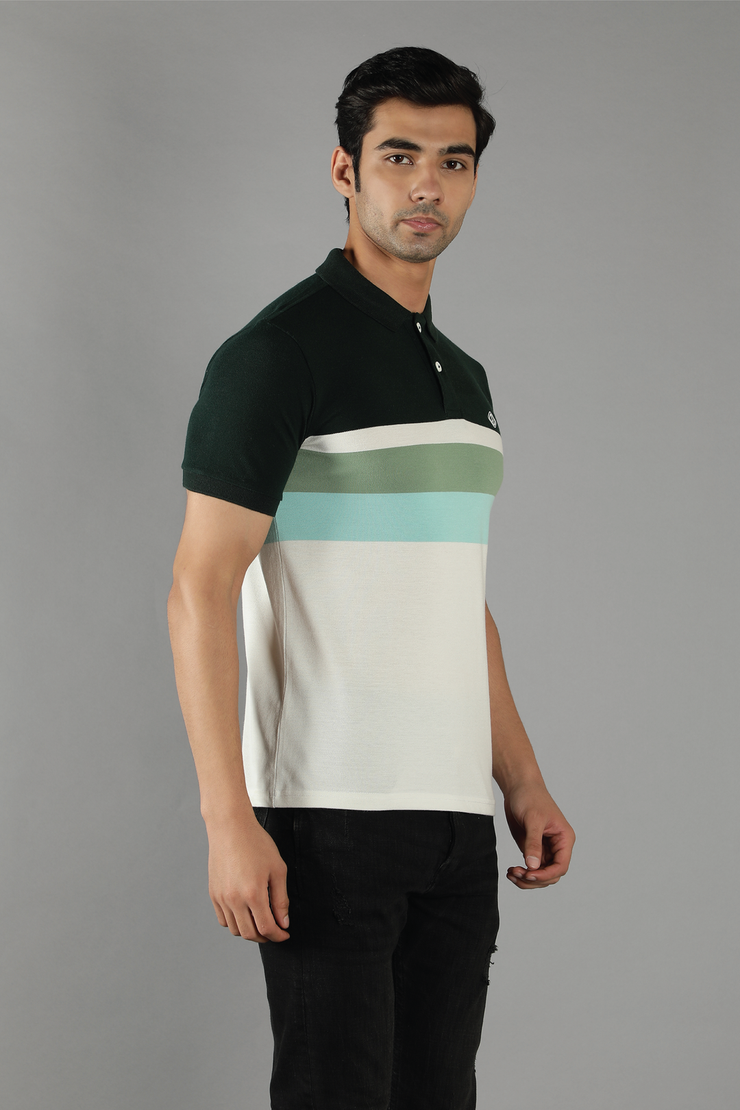 Men's Polo Neck Green Striped Cotton T-shirt - Peplos Jeans 