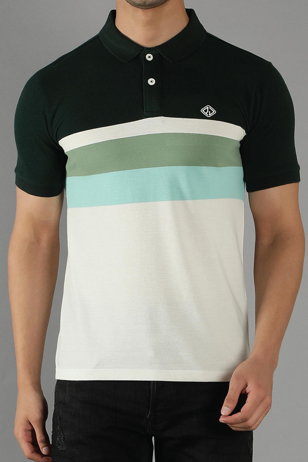 Men's Polo Neck Green Striped Cotton T-shirt - Peplos Jeans 