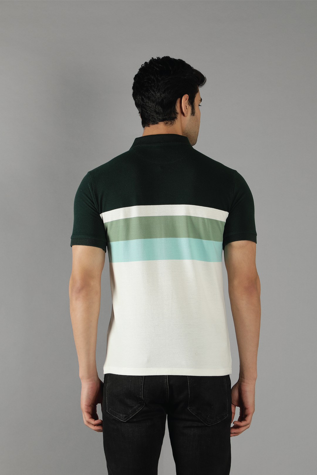 Men's Polo Neck Green Striped Cotton T-shirt - Peplos Jeans 