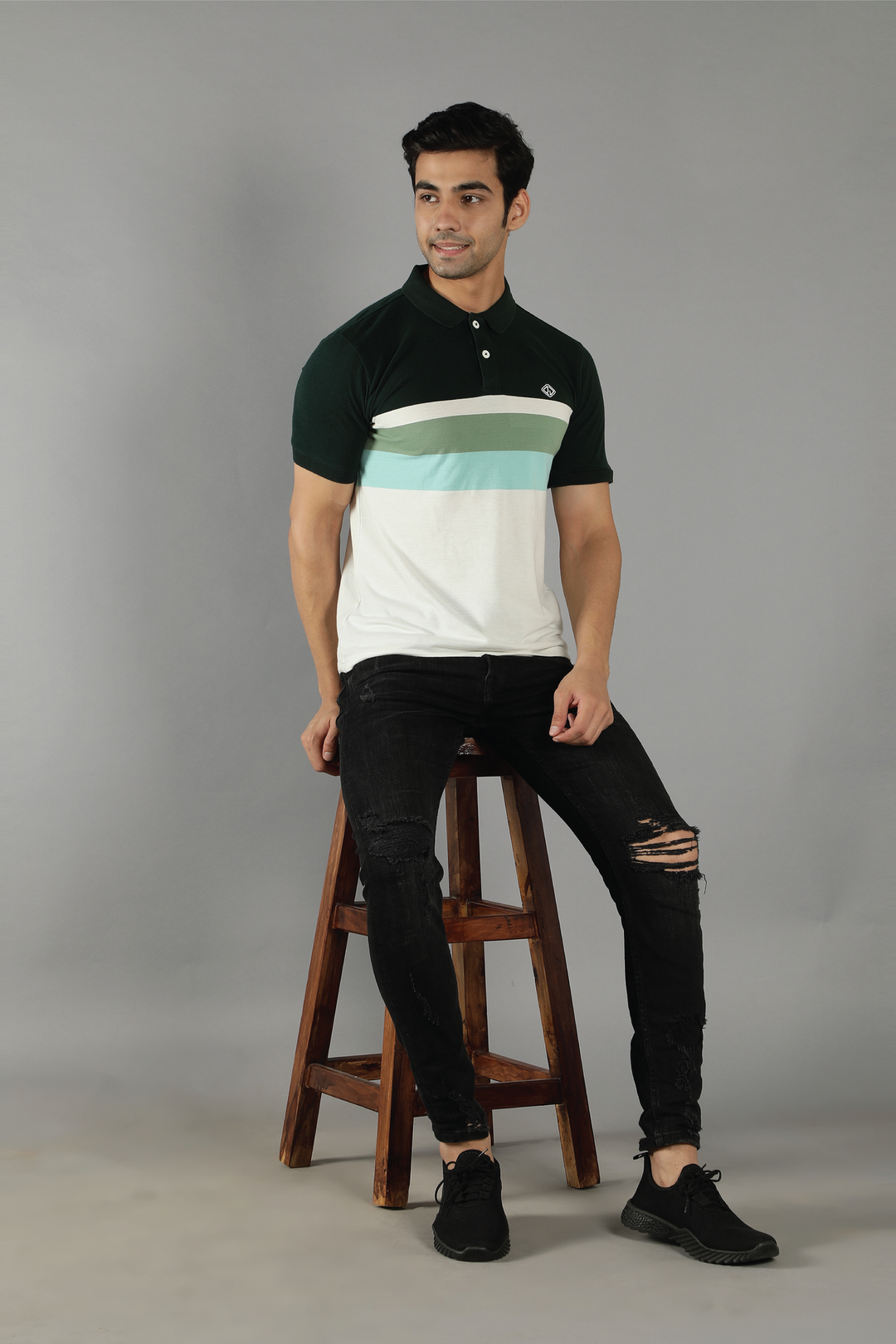 Men's Polo Neck Green Striped Cotton T-shirt - Peplos Jeans 