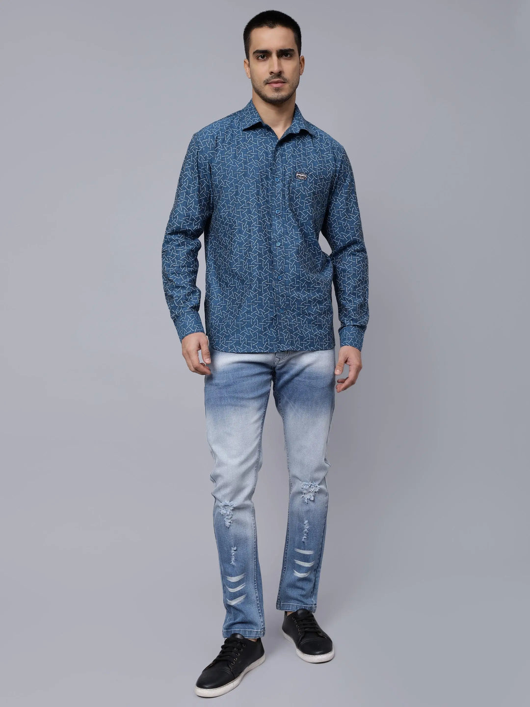 Regular Fit Pure Cotton Blue Printed Casual Shirt For Men - Peplos Jeans 
