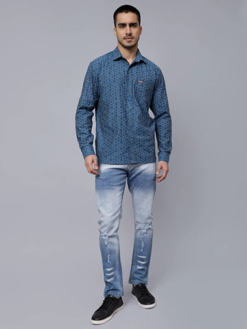 Regular Fit Pure Cotton Blue Printed Casual Shirt For Men