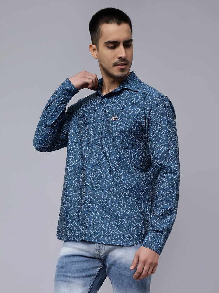 Regular Fit Pure Cotton Blue Printed Casual Shirt For Men