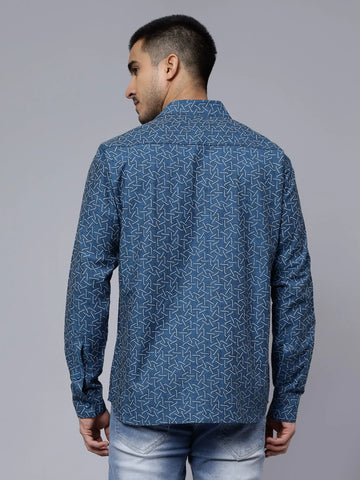 Regular Fit Pure Cotton Blue Printed Casual Shirt For Men