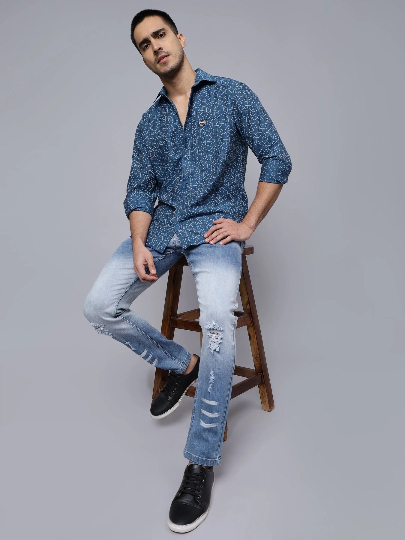 Regular Fit Blue Printed Denim Shirt For Men - Peplos Jeans