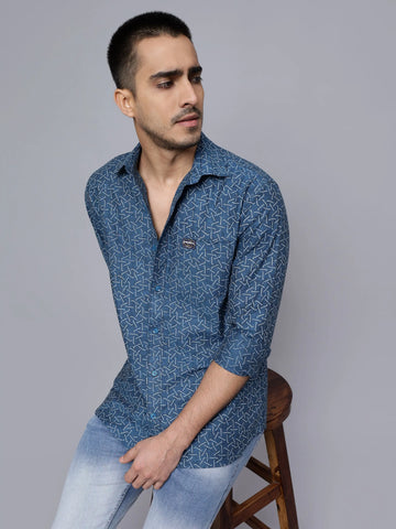 Regular Fit Pure Cotton Blue Printed Casual Shirt For Men