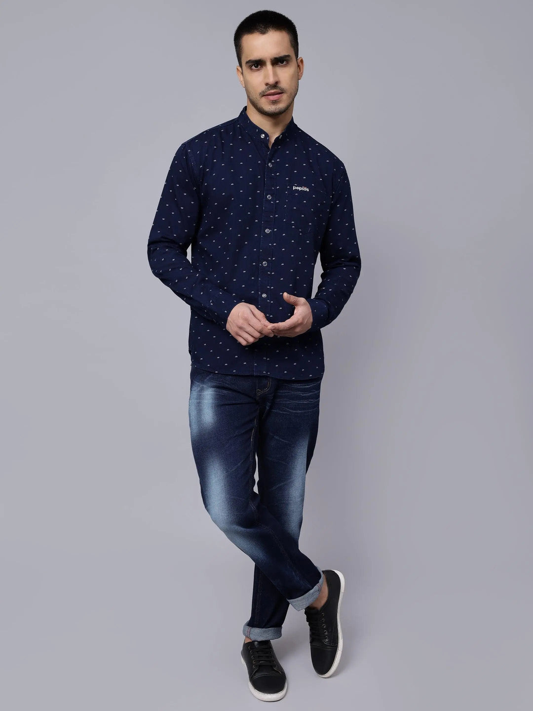 Regular Fit Navy Blue Printed Denim Shirt For Men - Peplos Jeans 