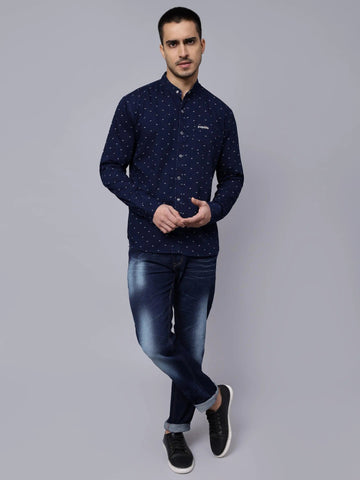 Regular Fit Navy Blue Printed Denim Shirt For Men