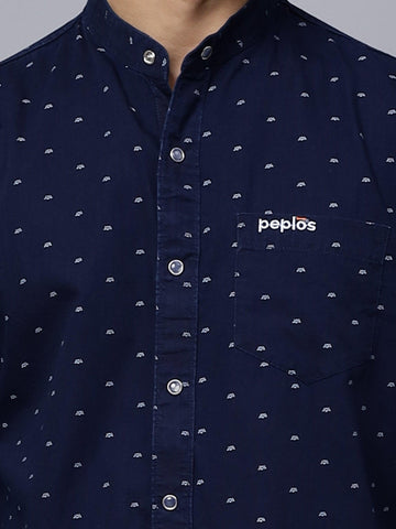 Regular Fit Navy Blue Printed Denim Shirt For Men