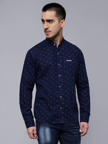 Regular Fit Navy Blue Printed Denim Shirt For Men