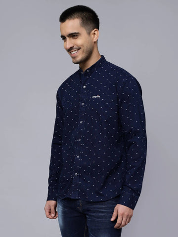 Regular Fit Navy Blue Printed Denim Shirt For Men