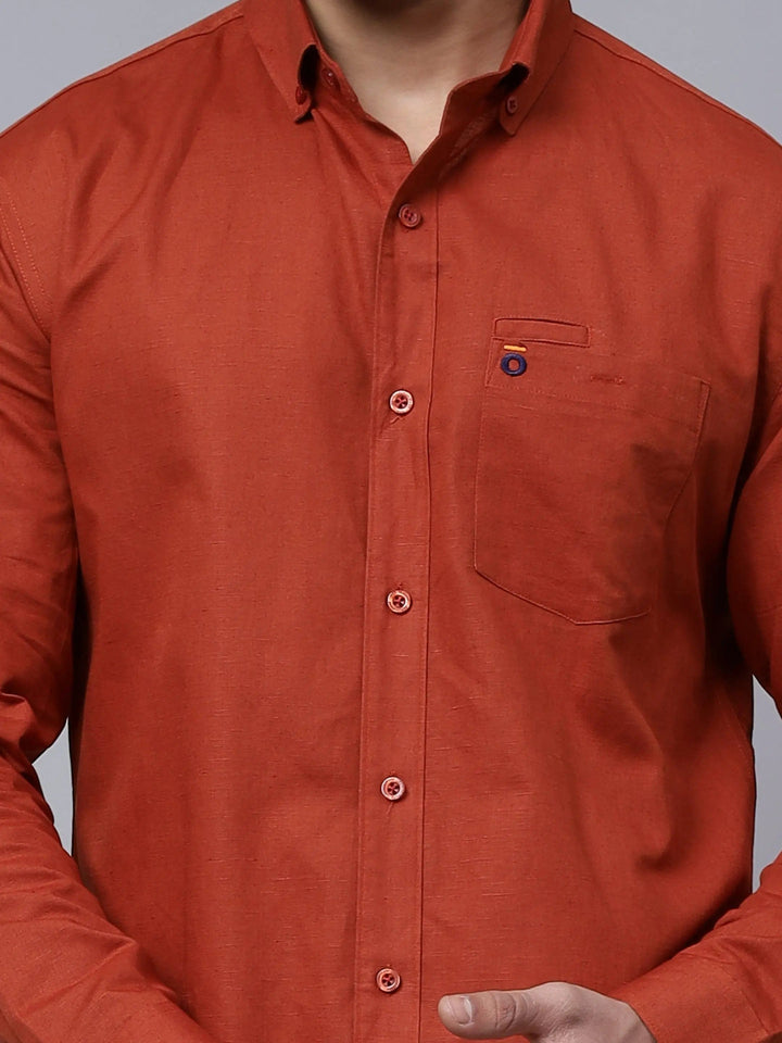 Regular Fit Cotton Solid Rust Casual Shirt For Men