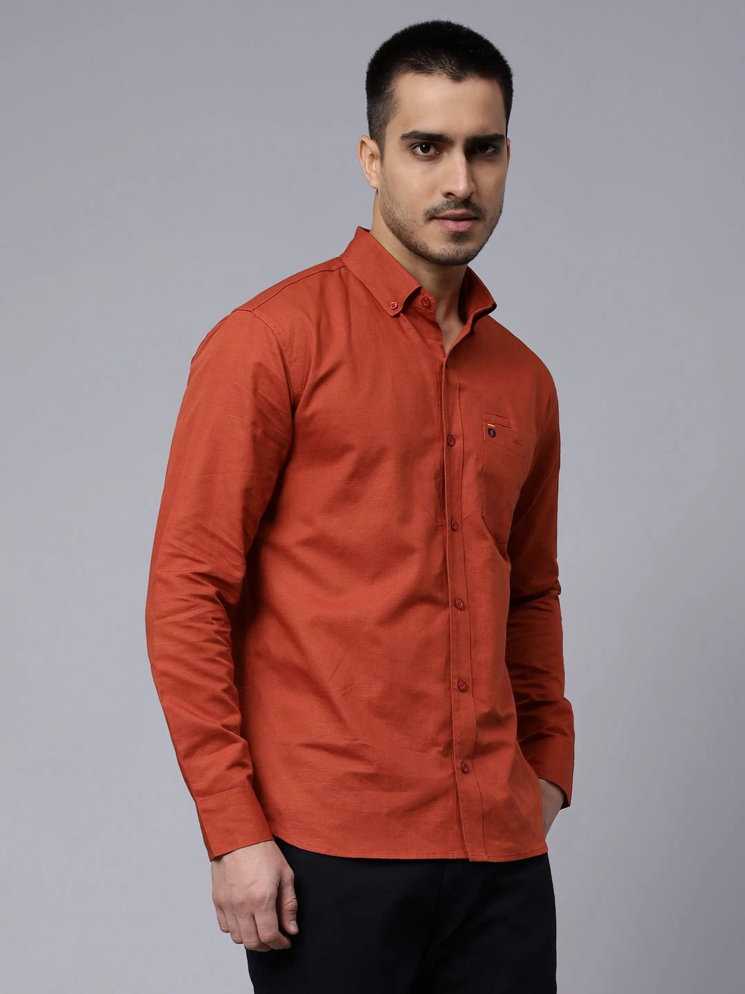 Regular Fit Cotton Solid Rust Casual Shirt For Men