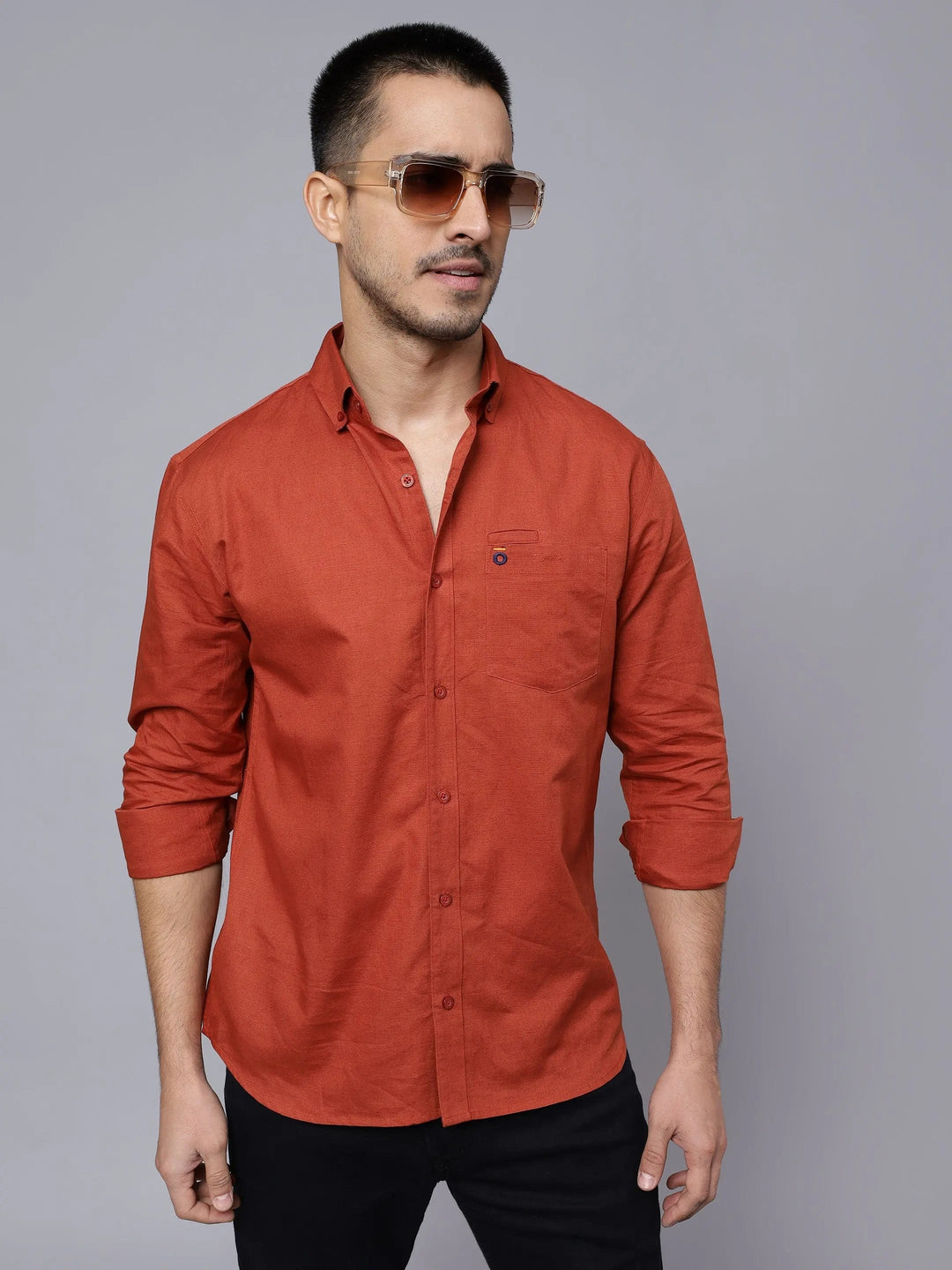 Regular Fit Cotton Solid Rust Casual Shirt For Men - Peplos Jeans