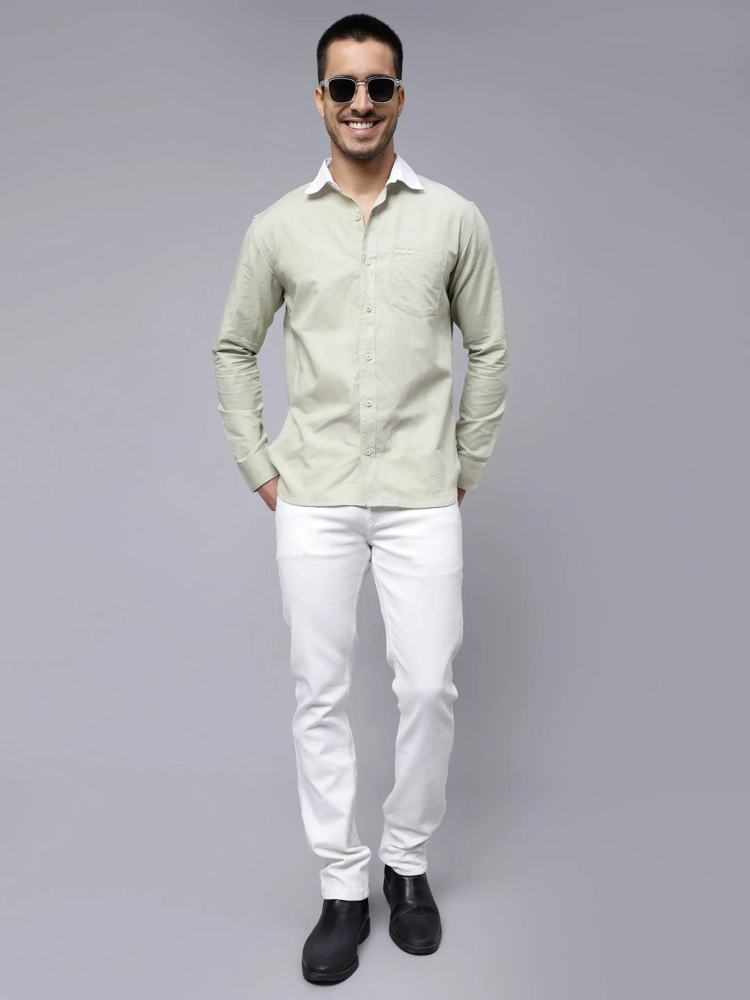 Regular Fit Cotton Pista Green Casual Shirt For Men