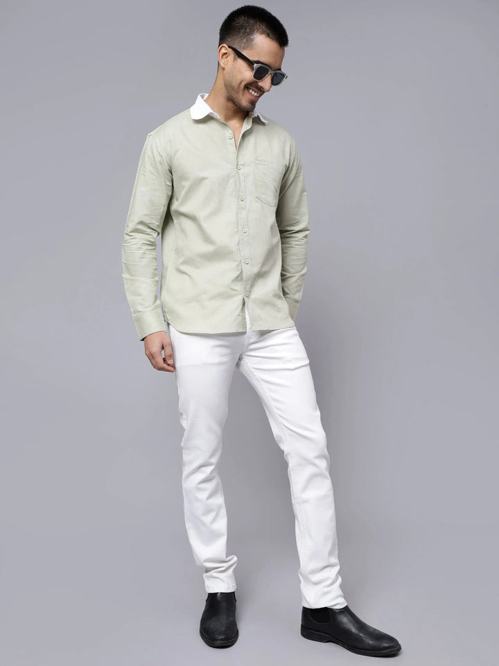 Regular Fit Cotton Pista Green Casual Shirt For Men - Peplos Jeans 