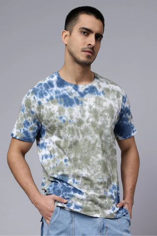 Men Blue and Grey Tie Dye Half Sleeve Tee Shirt