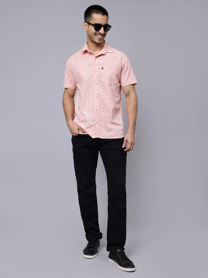 Men's Peach Trendy Style Printed Half-Sleeve Shirt - Peplos Jeans 