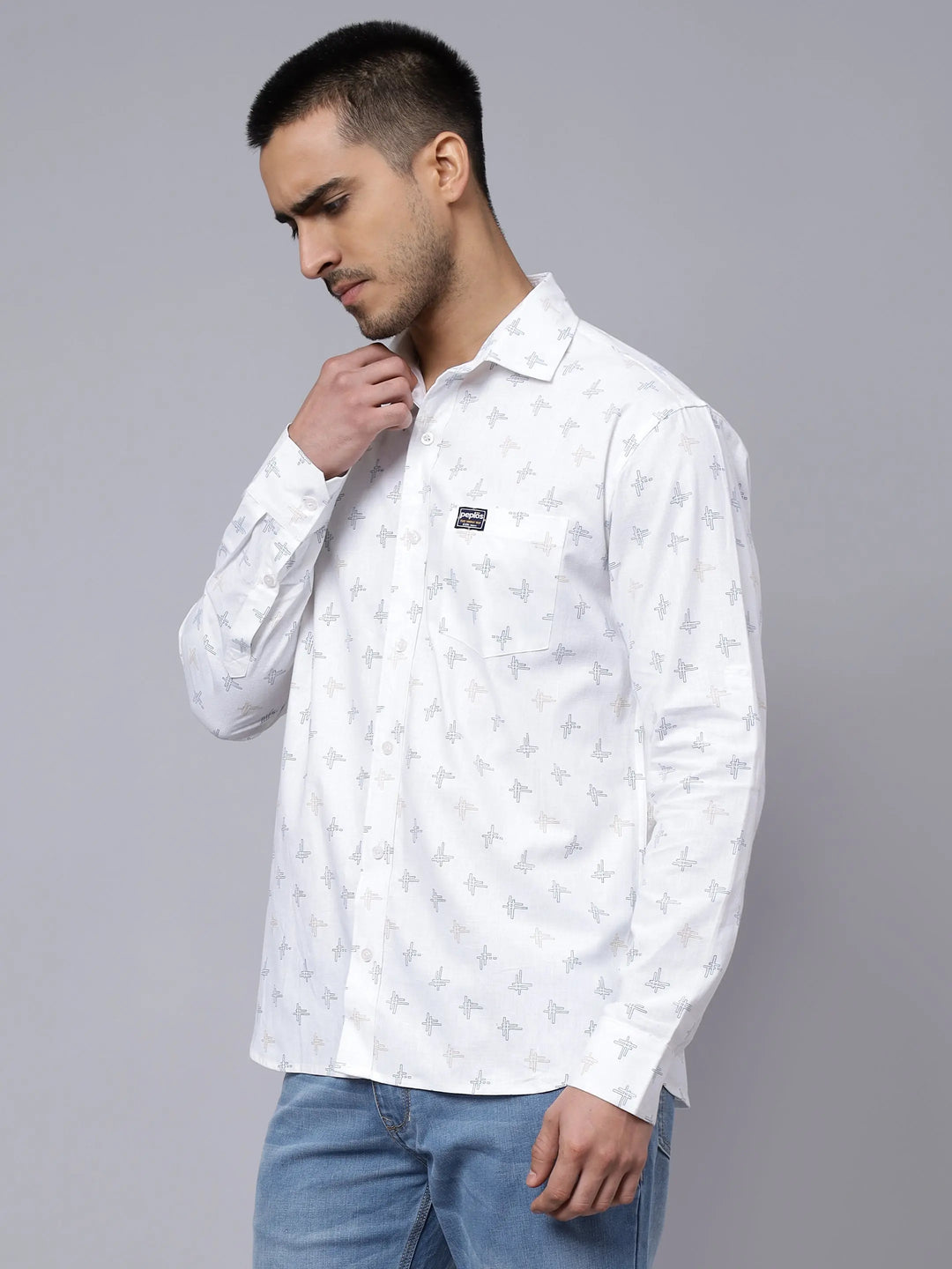 Regular Fit Pure Cotton White Printed Casual Shirt For Men