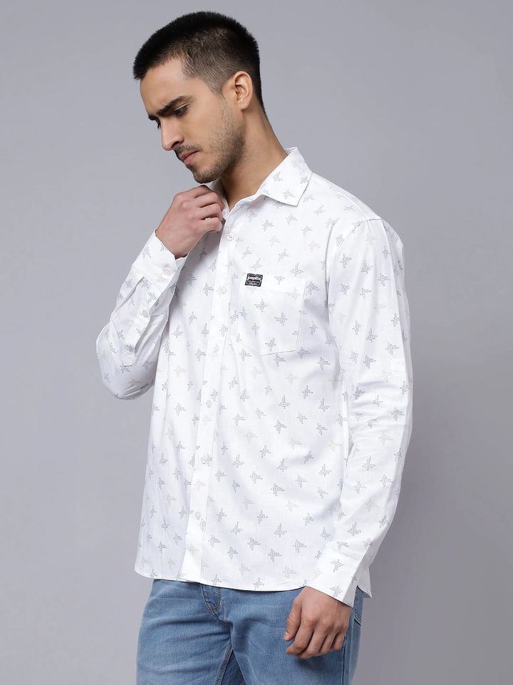 Regular Fit Pure Cotton White Printed Casual Shirt For Men - Peplos Jeans 