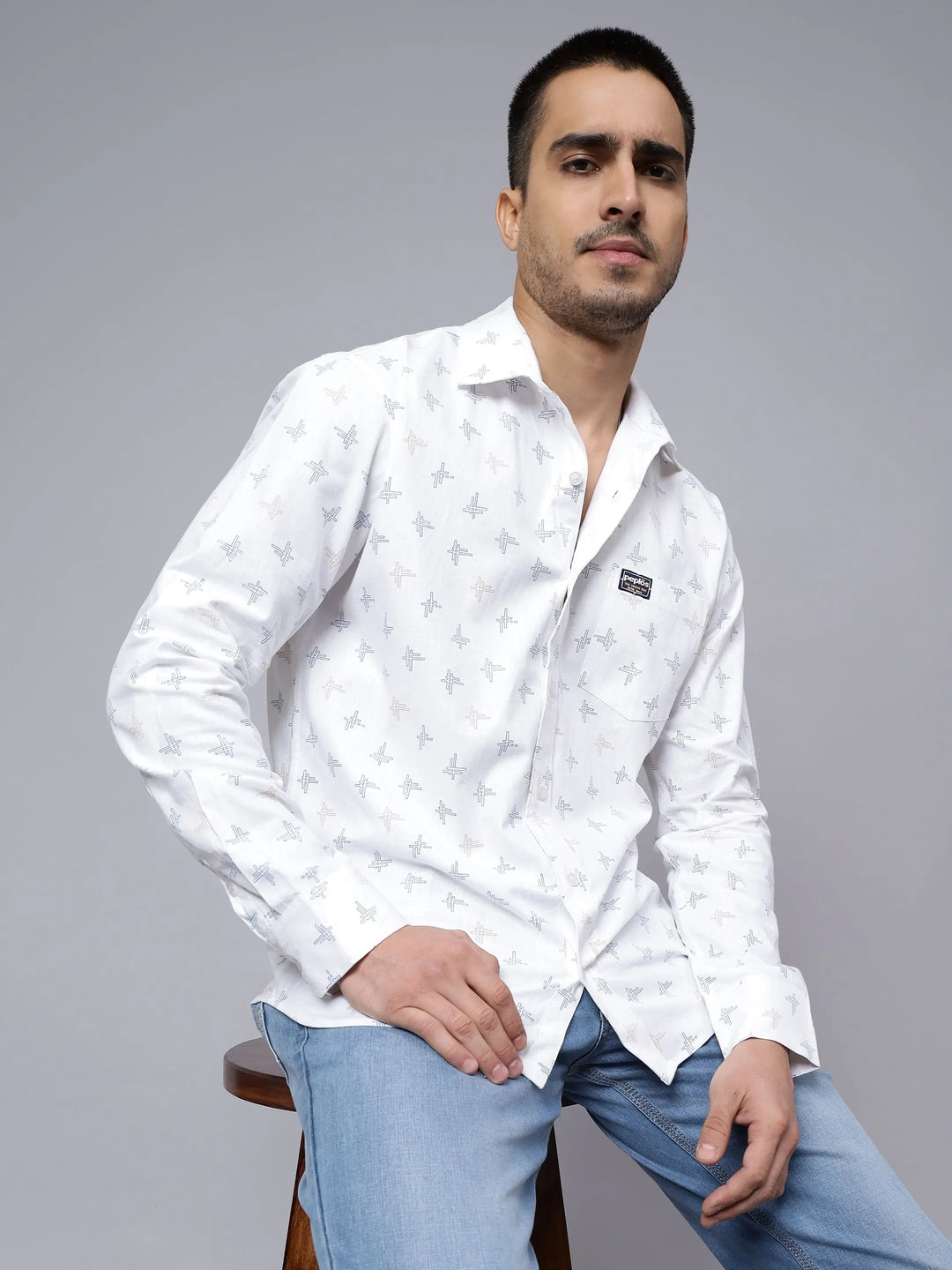 Regular Fit Pure Cotton White Printed Casual Shirt For Men - Peplos Jeans