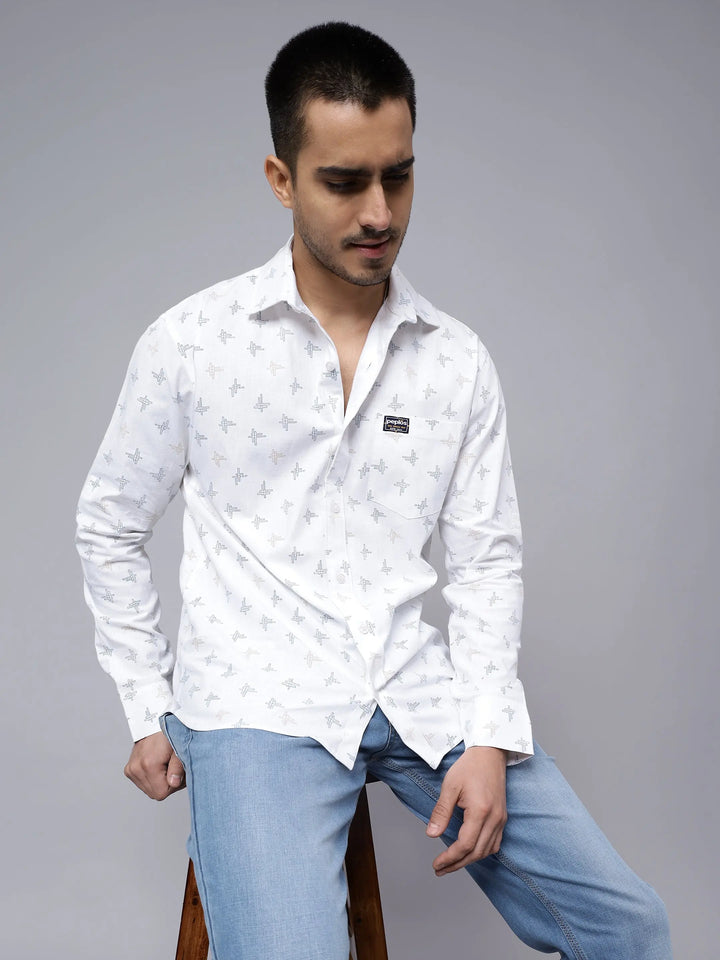 Regular Fit Pure Cotton White Printed Casual Shirt For Men - Peplos Jeans