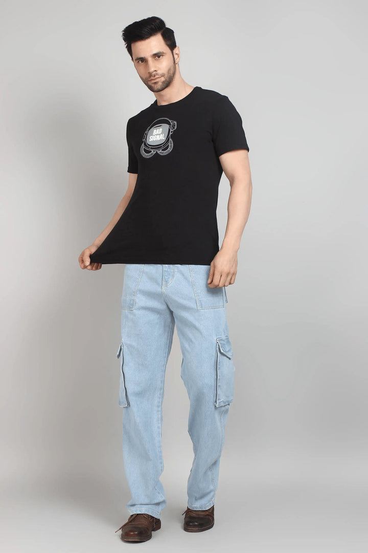 Men's Loose Fit Multiple Pocket Light Blue Cargo Denim Jeans