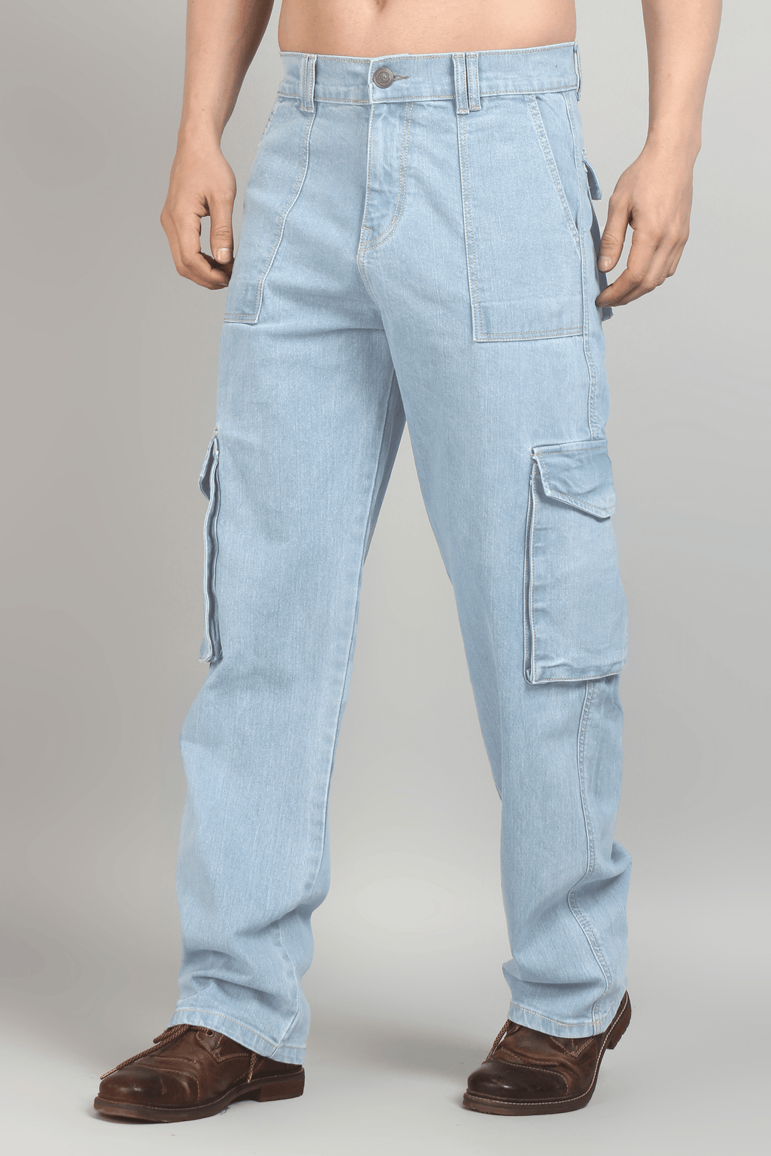 Men's Loose Fit Multiple Pocket Light Blue Cargo Denim Jeans