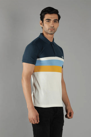 Men's Polo Neck Navy Striped Cotton T-shirt