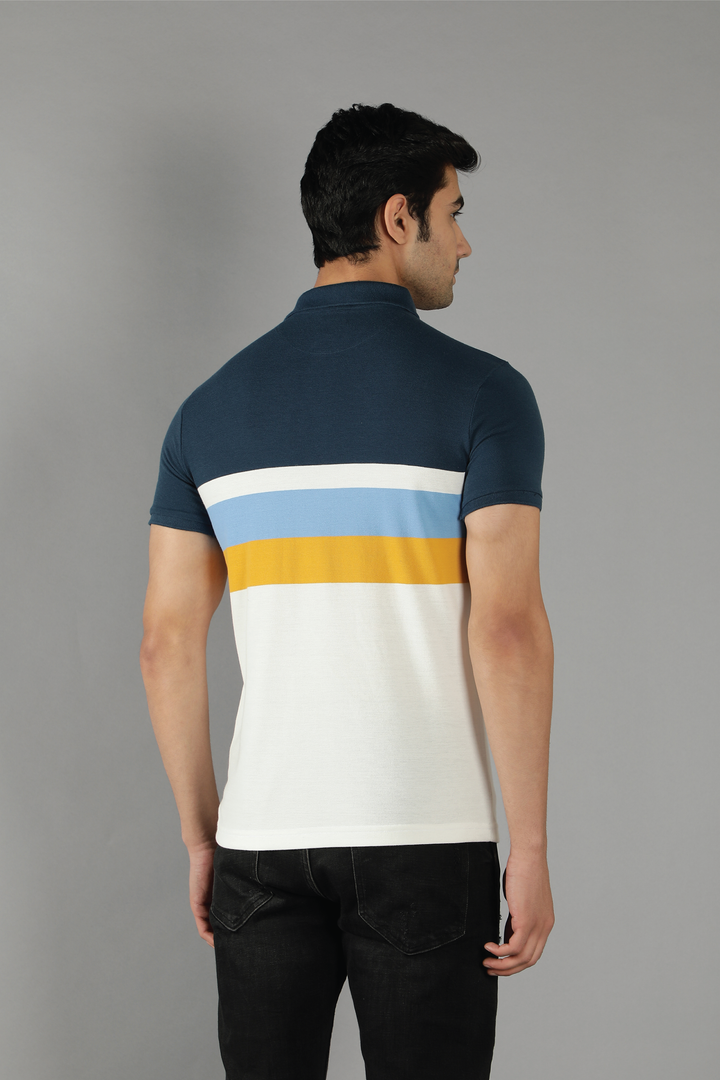 Men's Polo Neck Navy Striped Cotton T-shirt - Peplos Jeans 