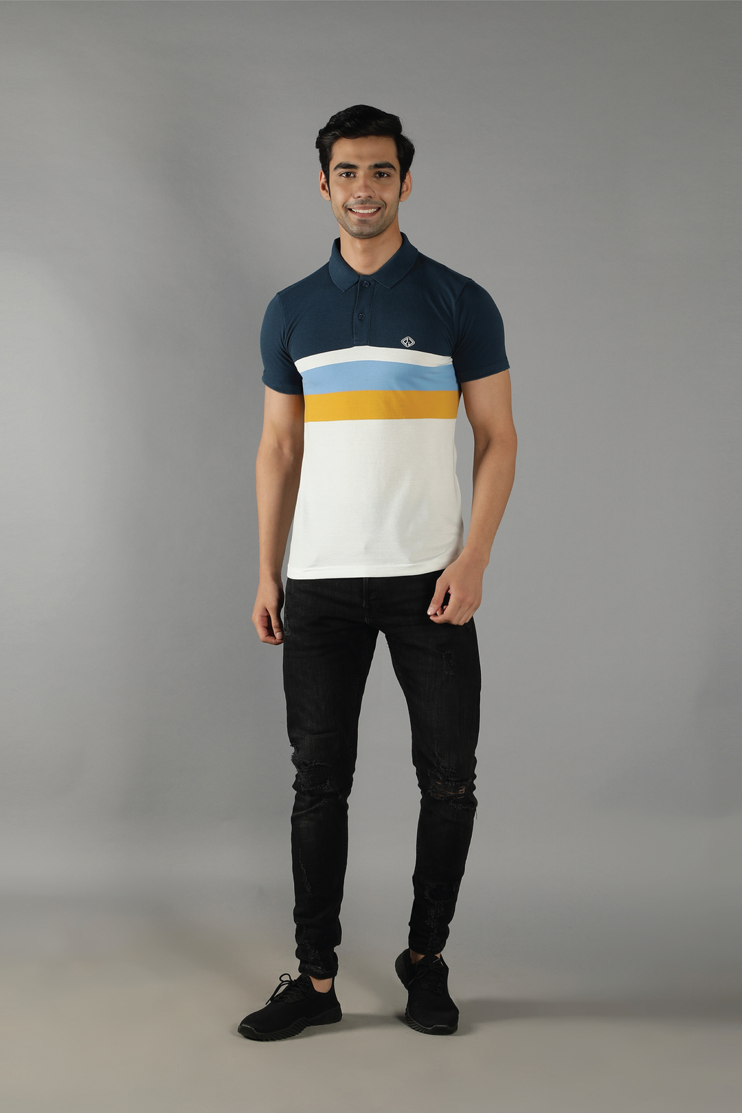 Men's Polo Neck Navy Striped Cotton T-shirt - Peplos Jeans 