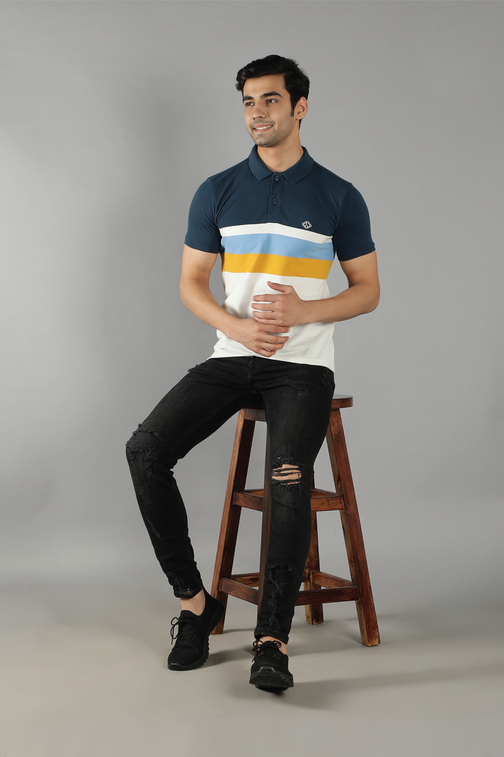 Men's Polo Neck Navy Striped Cotton T-shirt - Peplos Jeans 