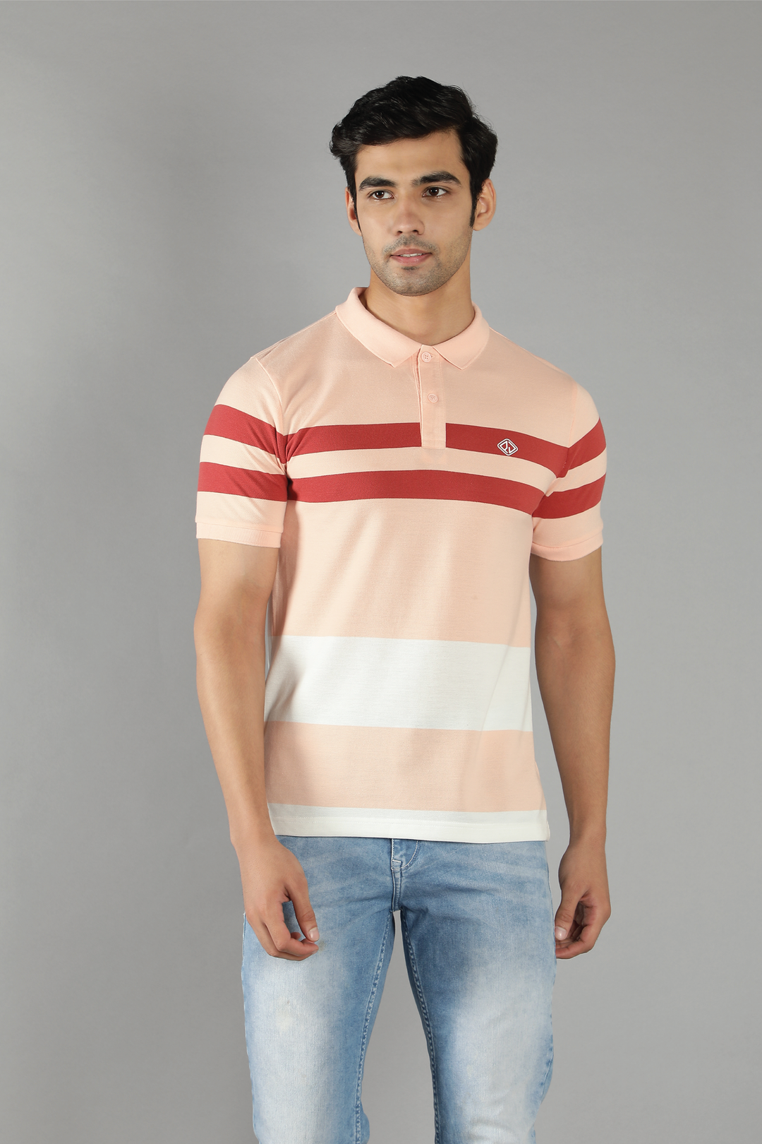 Men's Polo Neck Peach Striped Cotton T-shirt - Peplos Jeans 