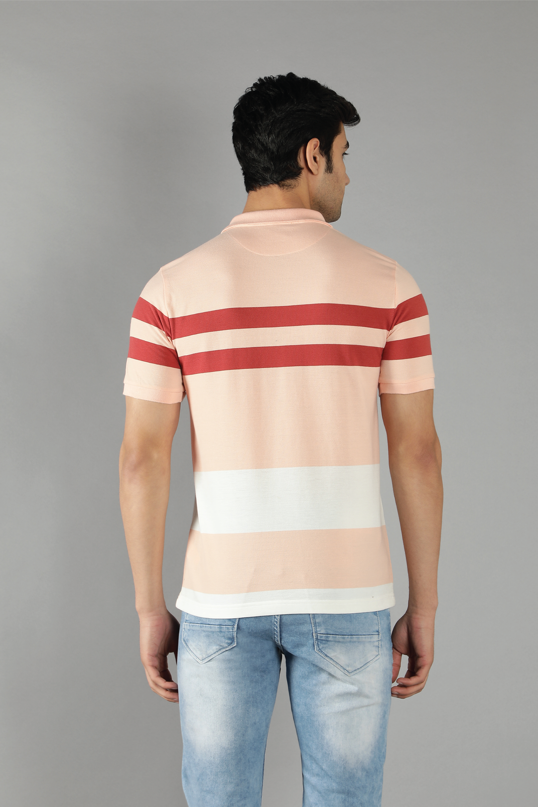 Men's Polo Neck Peach Striped Cotton T-shirt - Peplos Jeans 