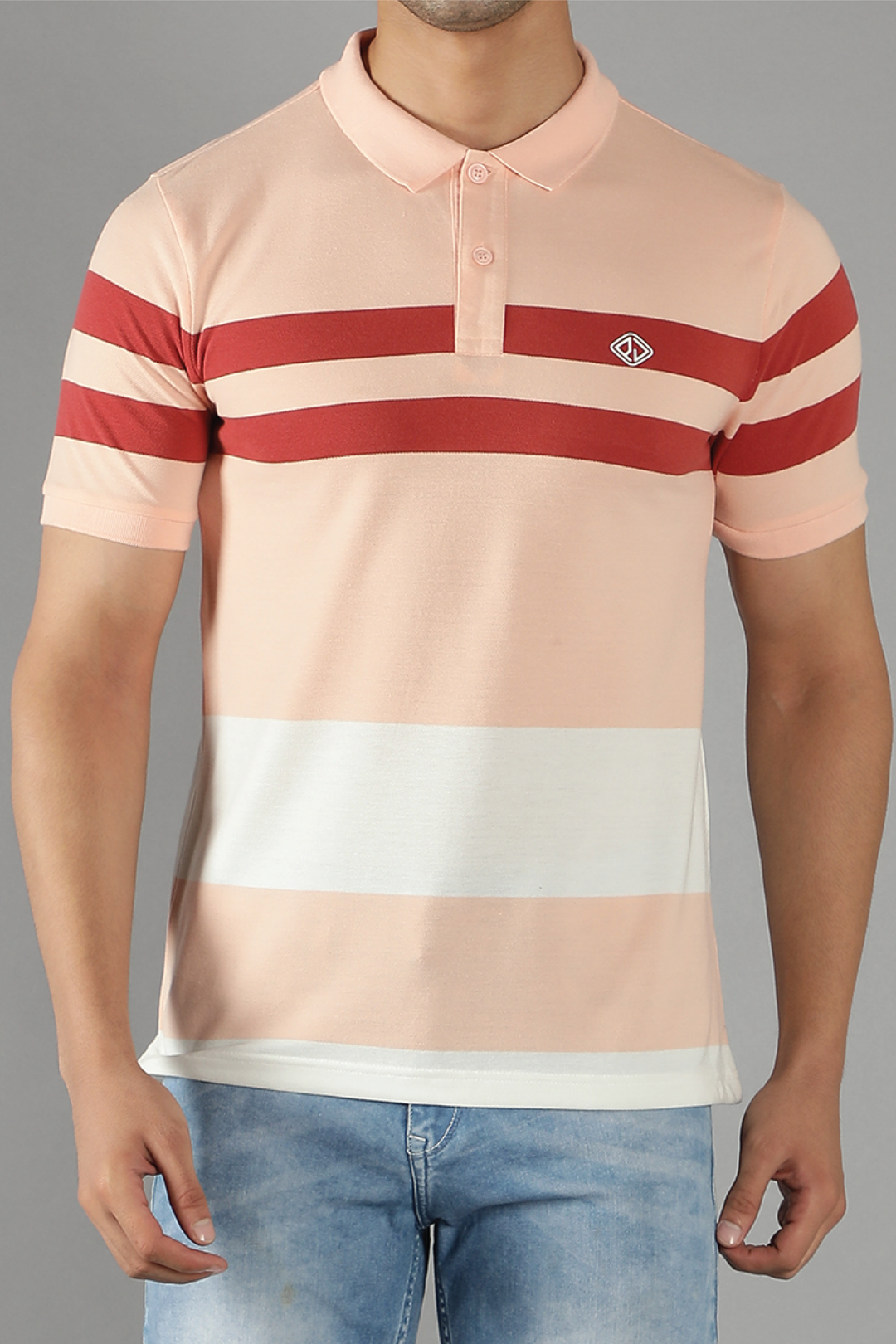 Men's Polo Neck Peach Striped Cotton T-shirt - Peplos Jeans 