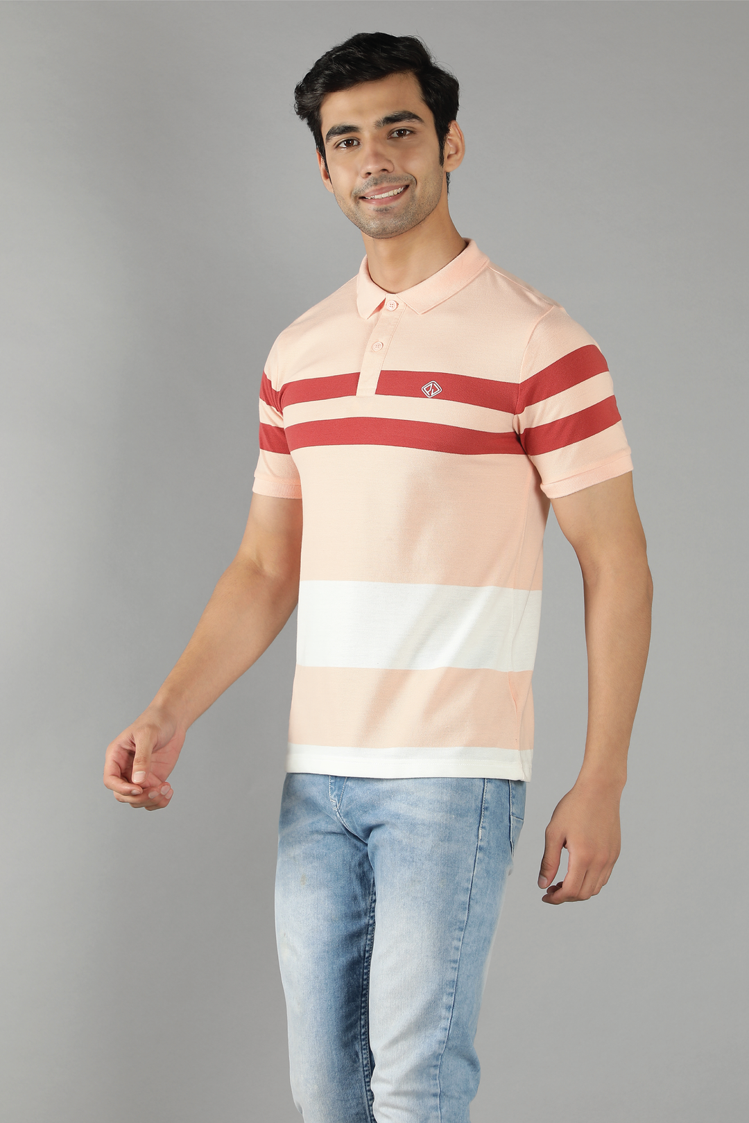 Men's Polo Neck Peach Striped Cotton T-shirt - Peplos Jeans 