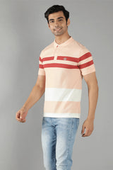 Men's Polo Neck Peach Striped Cotton T-shirt