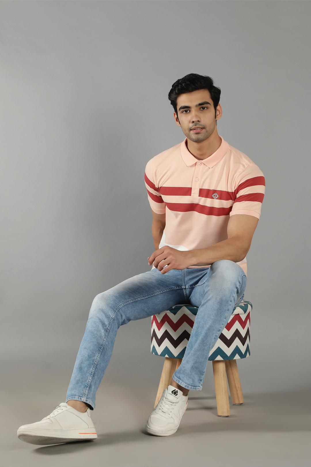 Men's Polo Neck Peach Striped Cotton T-shirt - Peplos Jeans 