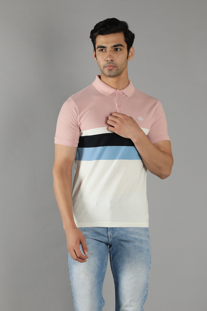 Men's Polo Neck Pink Striped Cotton T-shirt - Peplos Jeans 