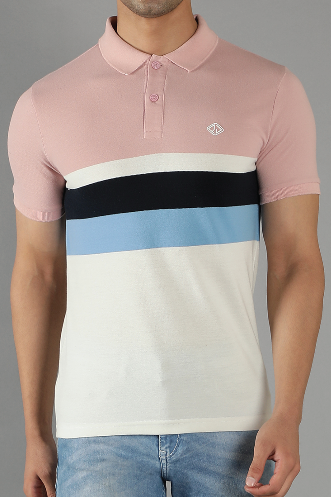 Men's Polo Neck Pink Striped Cotton T-shirt - Peplos Jeans 