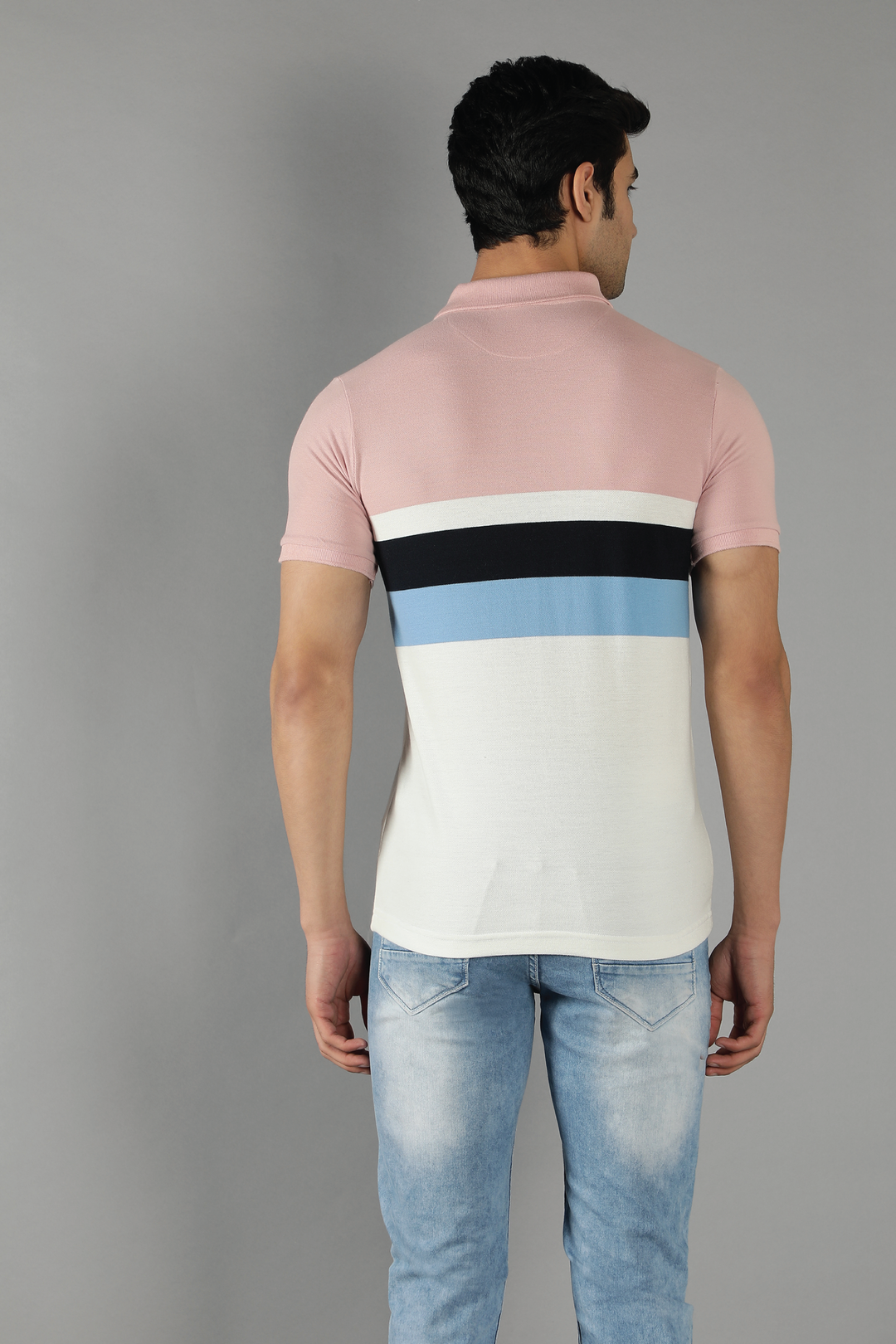 Men's Polo Neck Pink Striped Cotton T-shirt - Peplos Jeans 