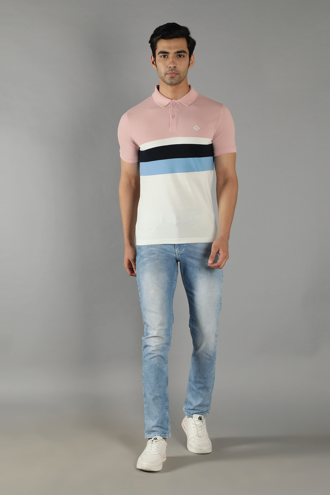 Men's Polo Neck Pink Striped Cotton T-shirt - Peplos Jeans 