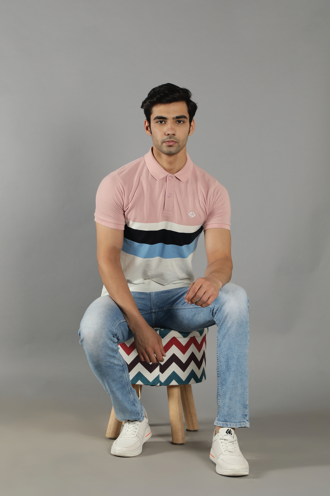 Men's Polo Neck Pink Striped Cotton T-shirt - Peplos Jeans 