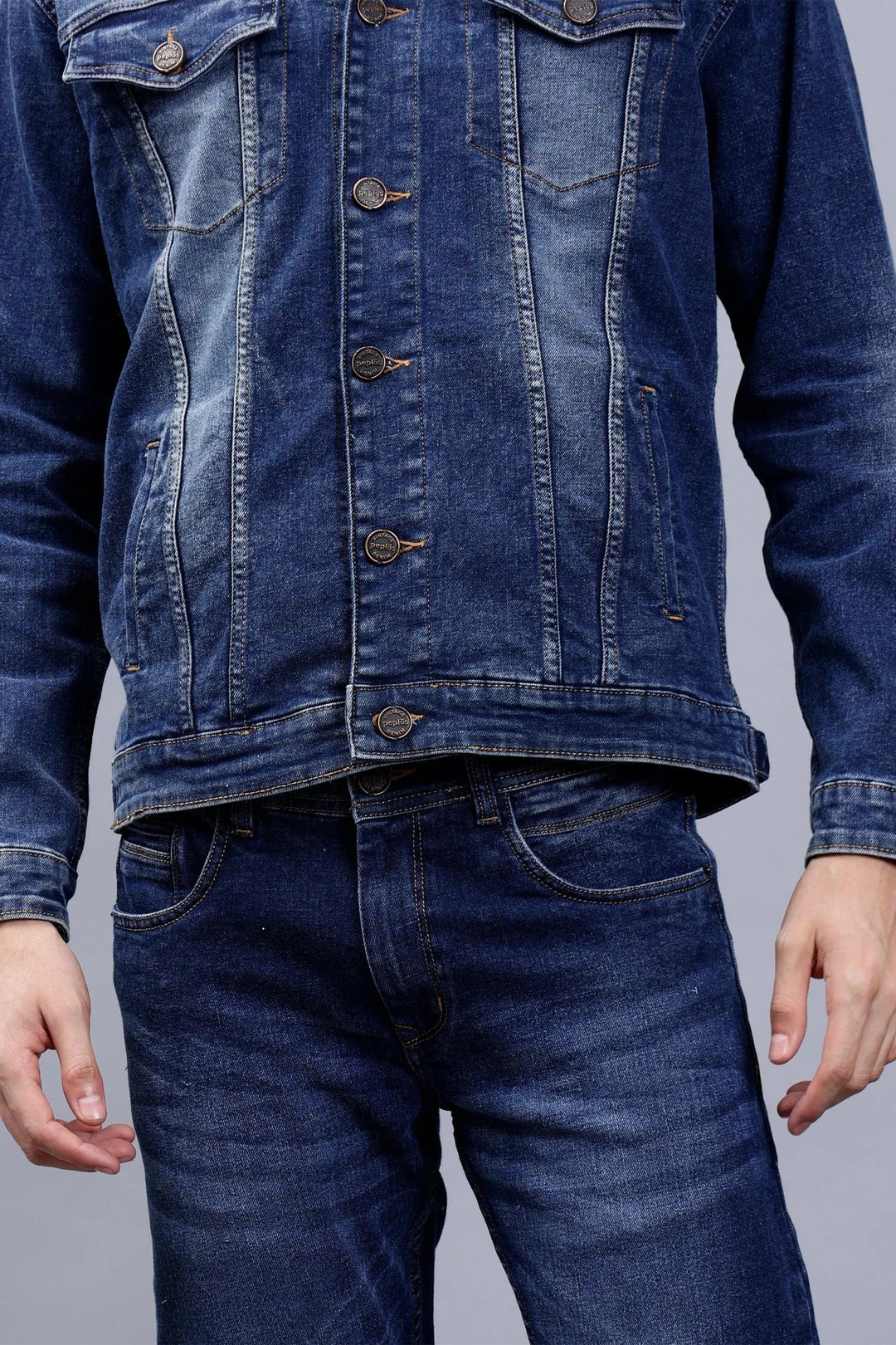 Regular Fit Blue Denim Cargo & Jacket Co-ord Set for Men - Peplos Jeans 