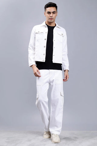 Regular Fit White Denim Cargo & Jacket Co-ord Set for Men