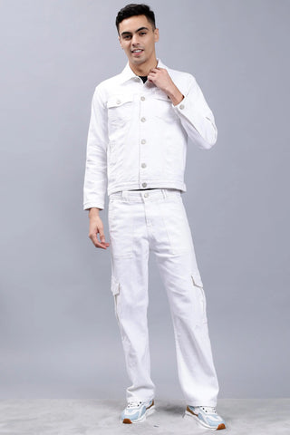 Regular Fit White Denim Cargo & Jacket Co-ord Set for Men