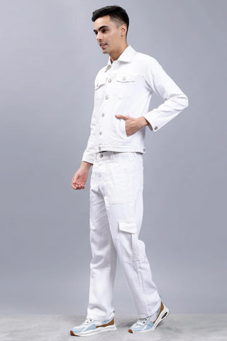 Regular Fit White Denim Cargo & Jacket Co-ord Set for Men