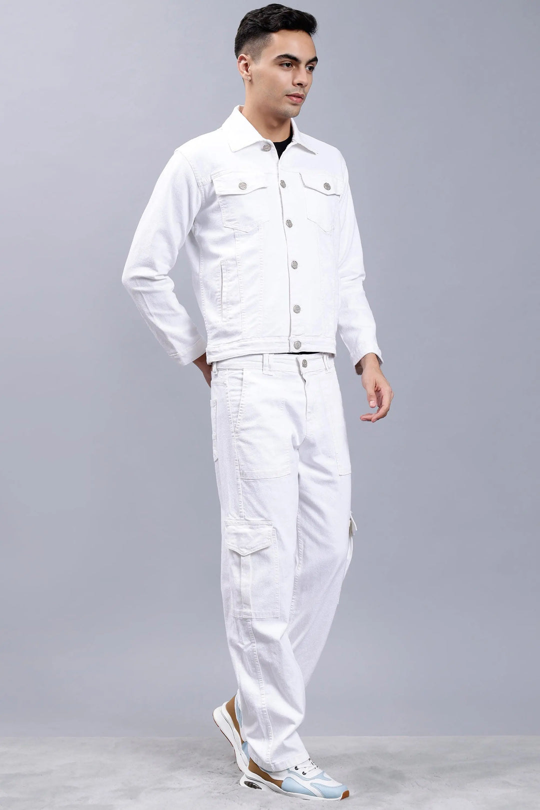 Regular Fit White Denim Cargo Jacket Co-ord Set for Men
